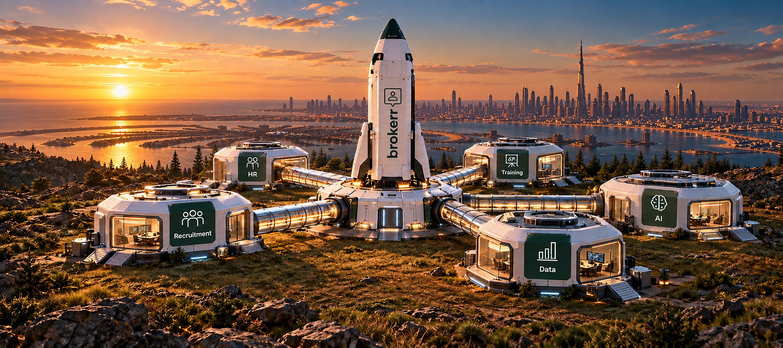 Brokerr rocket at the centre of a connected base of Recruitment, HR, Training, AI and Data modules